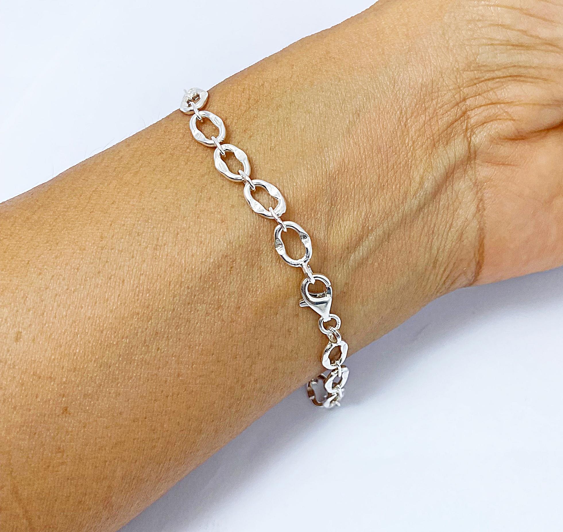 Handmade 925 Sterling Silver Oval Textured Cable Link Chain Bracelet – Artisan Women's Jewelry - Image 2