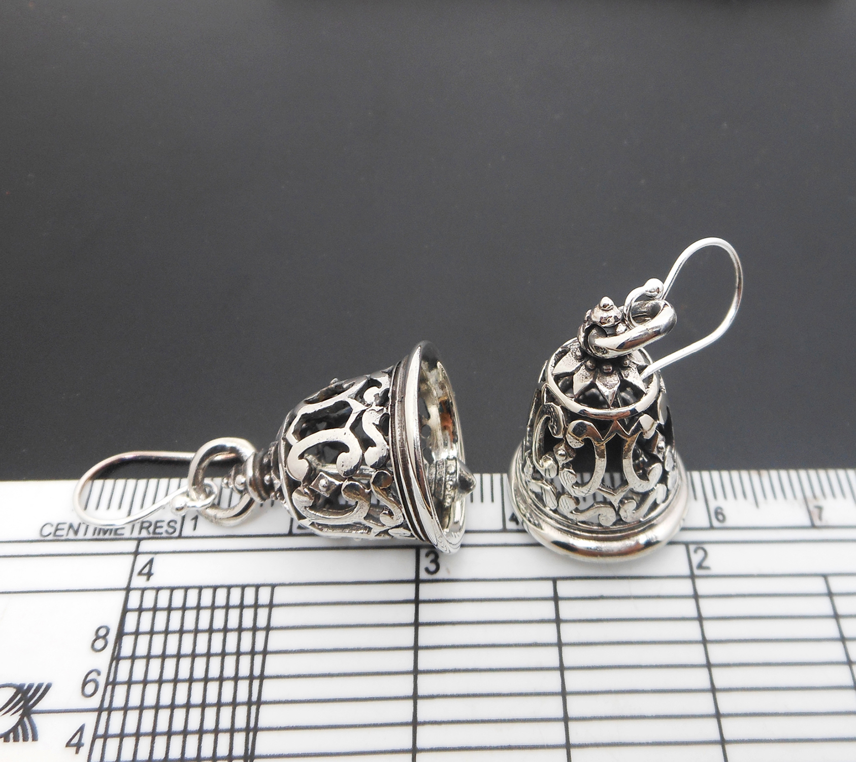 Handmade 925 Sterling Silver Thai Art Bell Drop Earrings – Intricate Textured Jewelry - Image 2