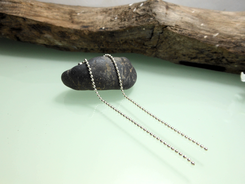 A pair of handcrafted 925 sterling silver bead chain drop earrings featuring a delicate, minimalist dangling line design with a high-polished finish.