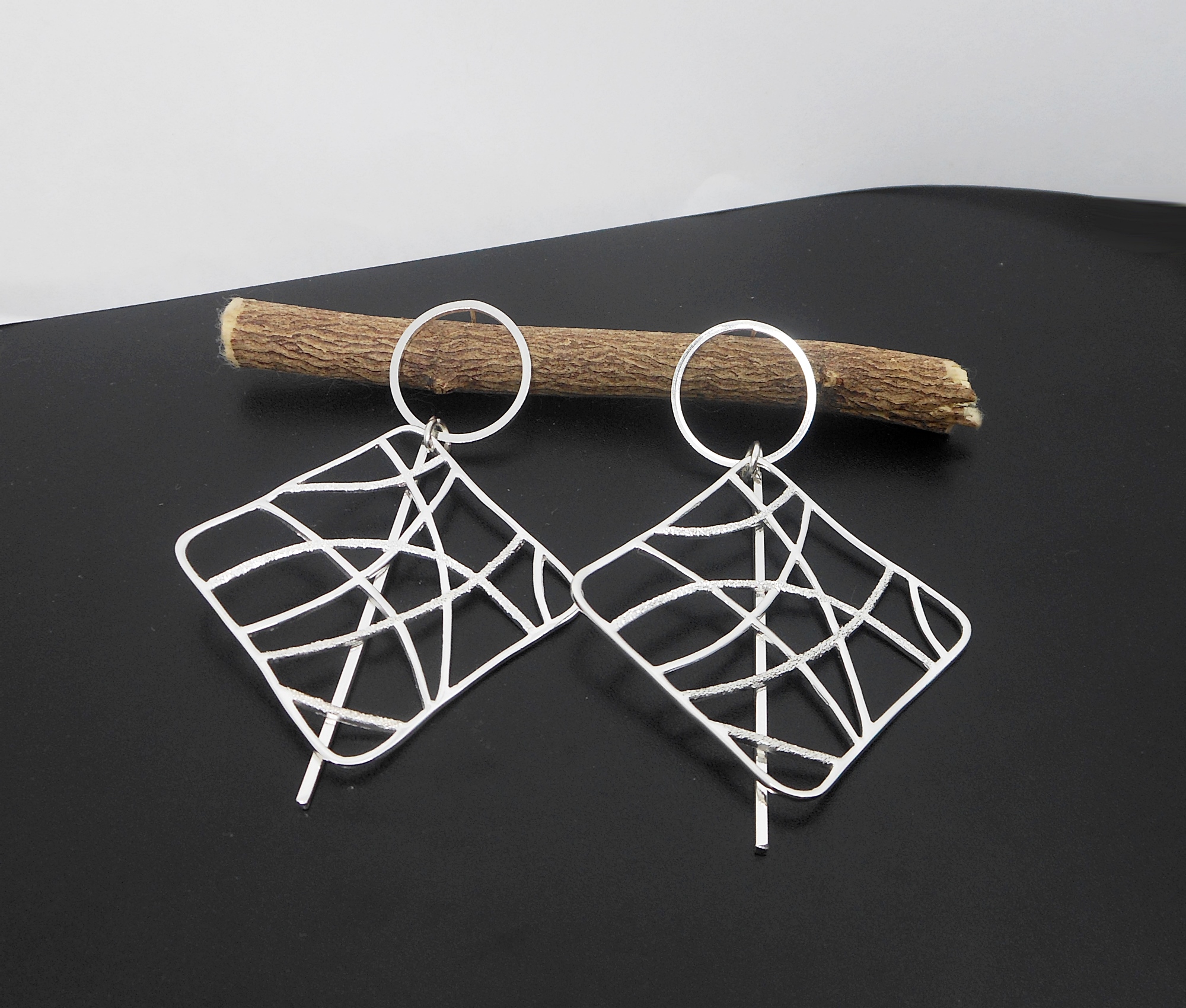 Handmade 925 Sterling Silver Abstract Web Earrings – Large Geometric Statement Dangles - Image 2