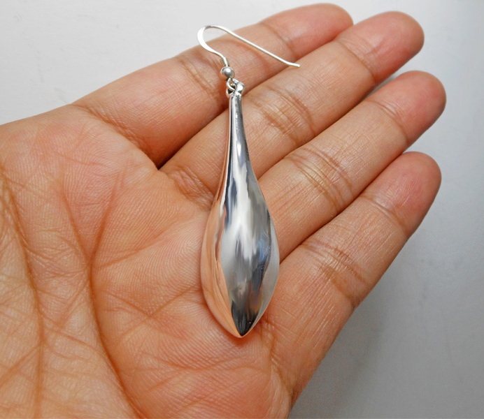 Handmade 925 Sterling Silver Elongated Teardrop Earrings – Sculptural Polished Statement Dangles - Image 2