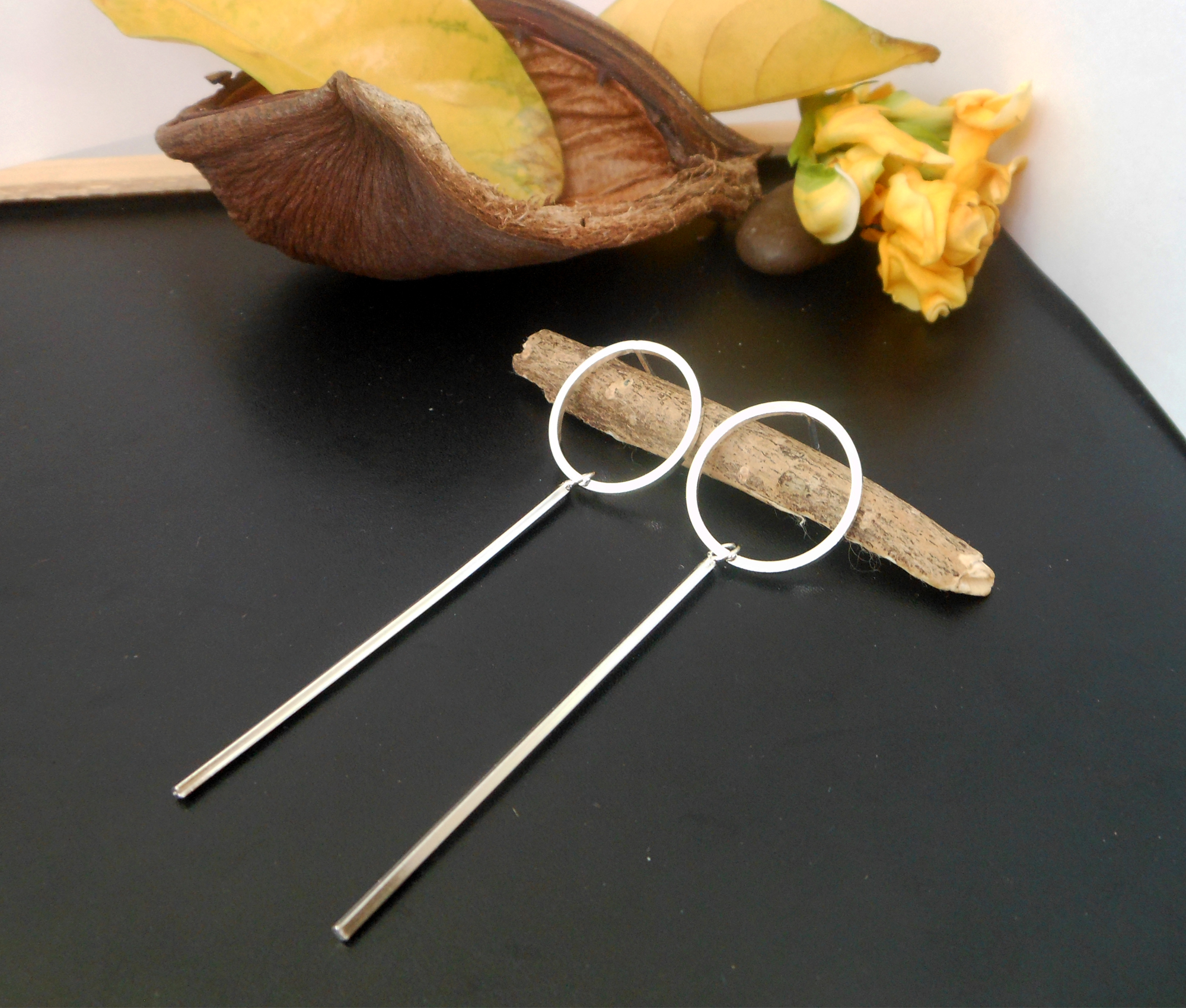 Handmade 925 Sterling Silver Circle & Bar Drop Stud Earrings – Modern Geometric Jewelry - Image 2