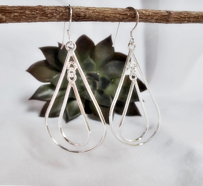 Handmade 925 Sterling Silver Double Tapered Oval Hoop Dangle Earrings – Modern Geometric Jewelry - Image 2
