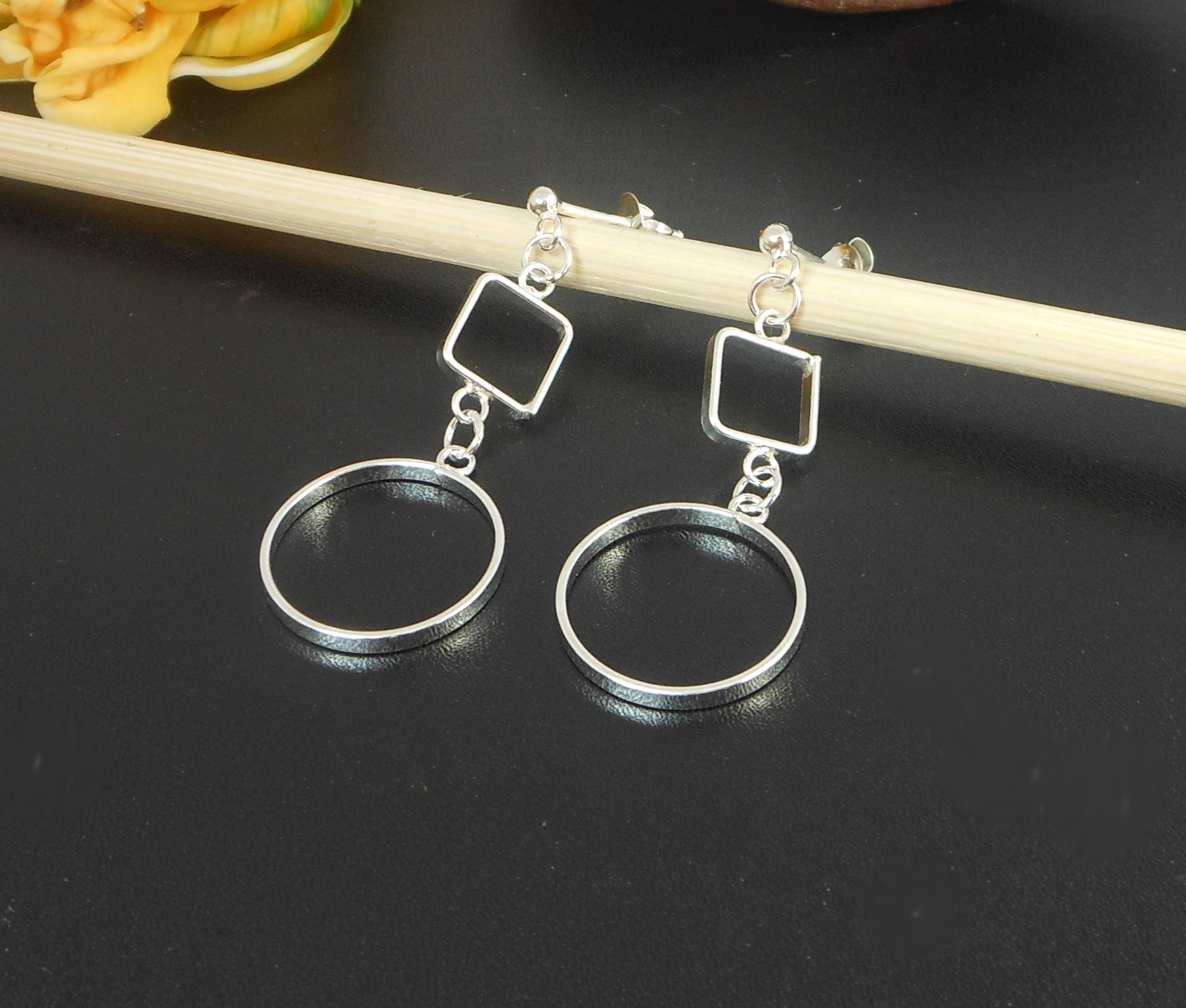 Handmade 925 Sterling Silver Open Square & Circle Drop Earrings – Minimalist Geometric Jewelry - Image 3
