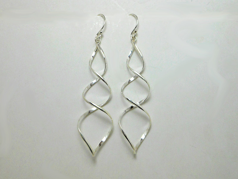 A pair of handcrafted 925 sterling silver spiral dangle earrings featuring an elegant twist design and a high-polished smooth finish, displayed on a white background.