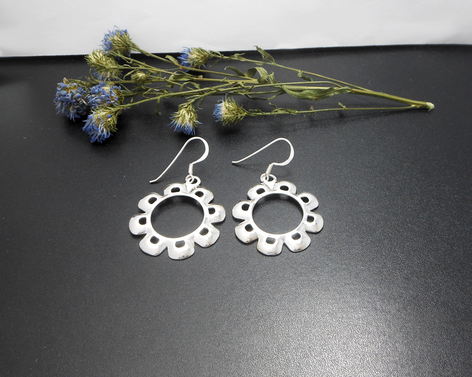 Handmade 925 Sterling Silver Flower Dangle Earrings – Elegant Floral Drop Jewelry - Image 3