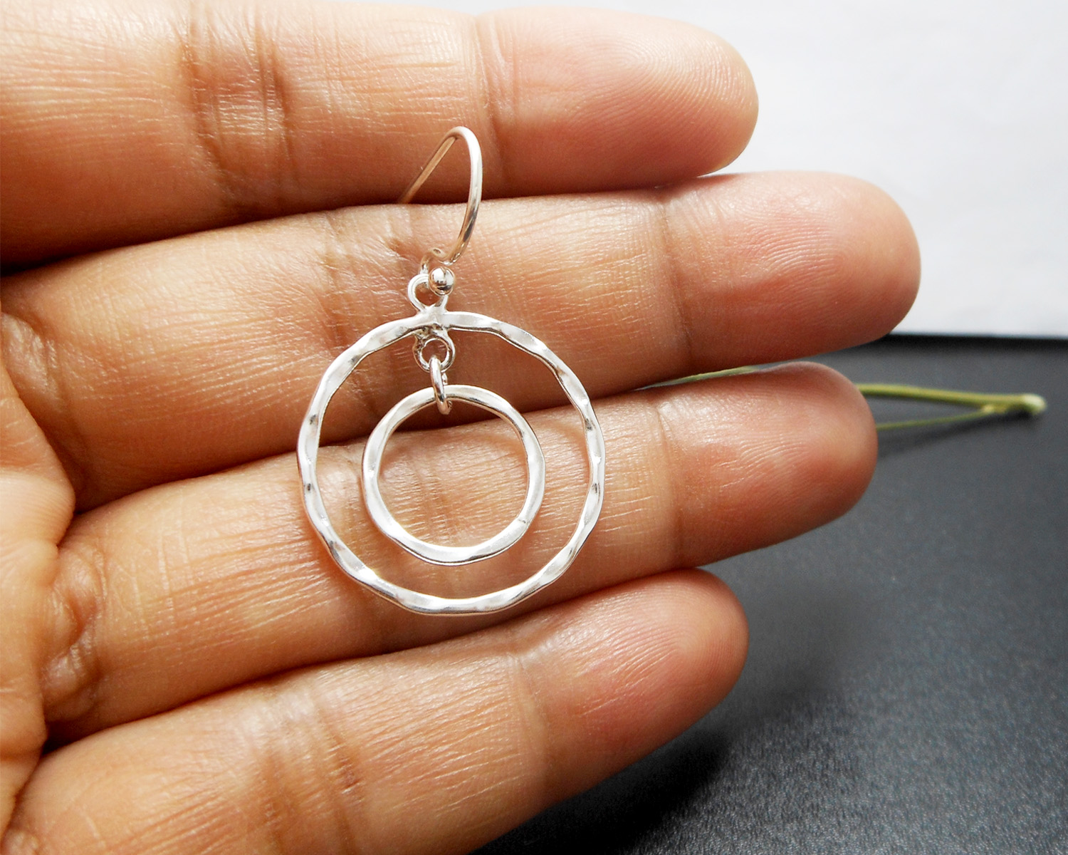 Handmade 925 Sterling Silver Hammered Double Circle Drop Earrings – Organic Textured Jewelry - Image 7