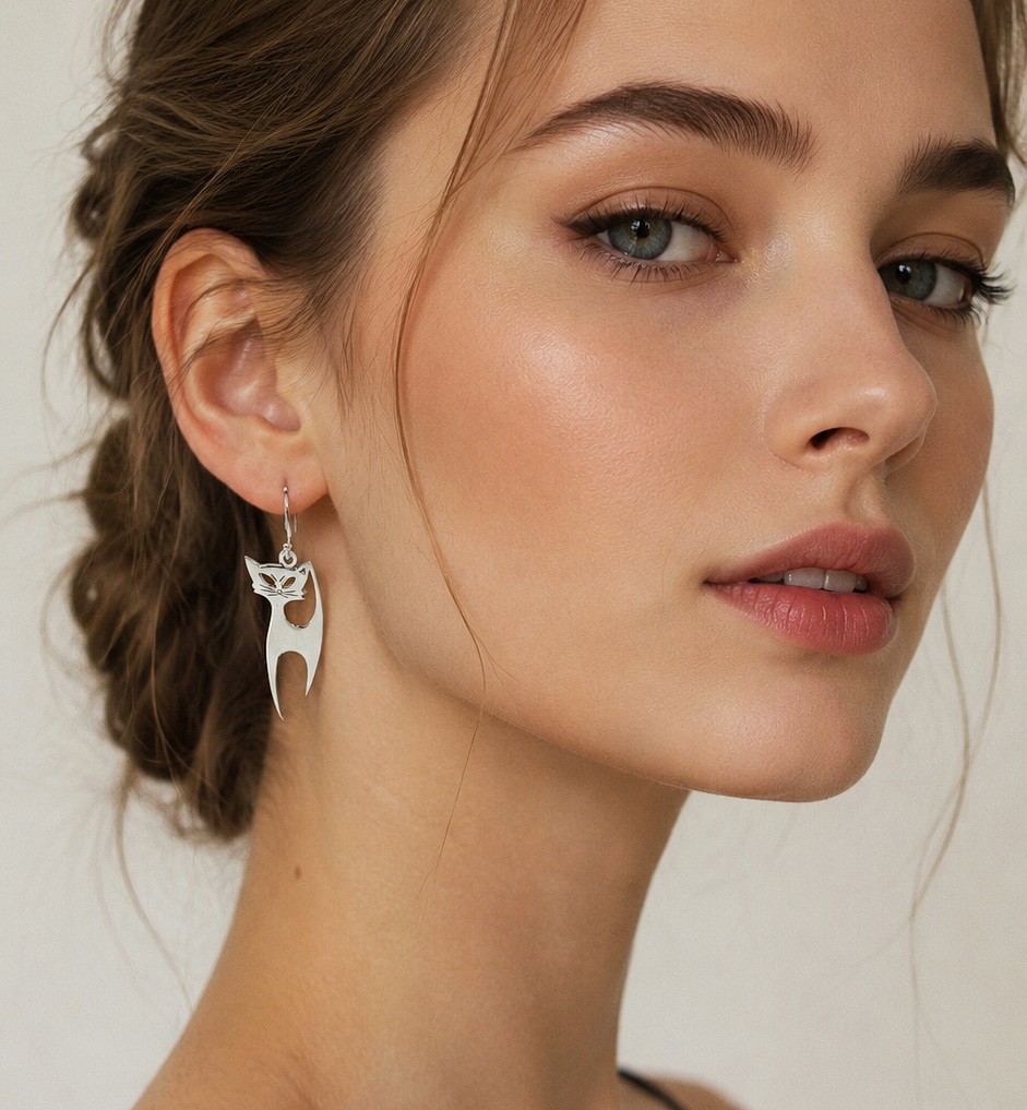 Handmade 925 Sterling Silver Long Cat Dangle Earrings – Cute Cat Lover Statement Jewelry - Image 3