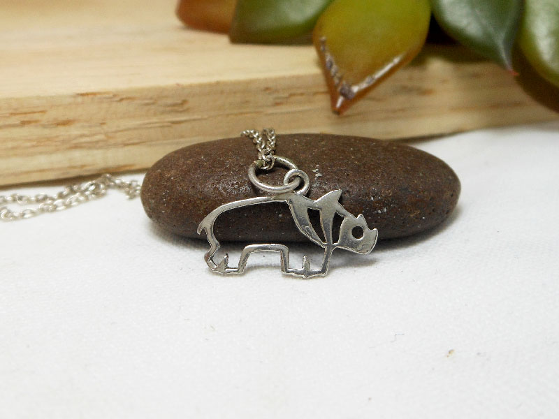 925 Sterling Silver Cut Out Rhino Pendant Necklace, Handmade Safari Jewelry Gifts
