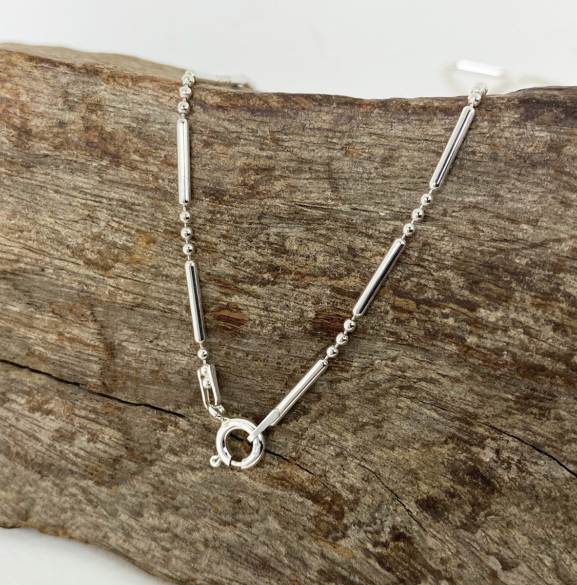 Handmade 925 Sterling Silver Bar and Bead Chain Necklace - Minimalist Dainty Jewelry - Image 4