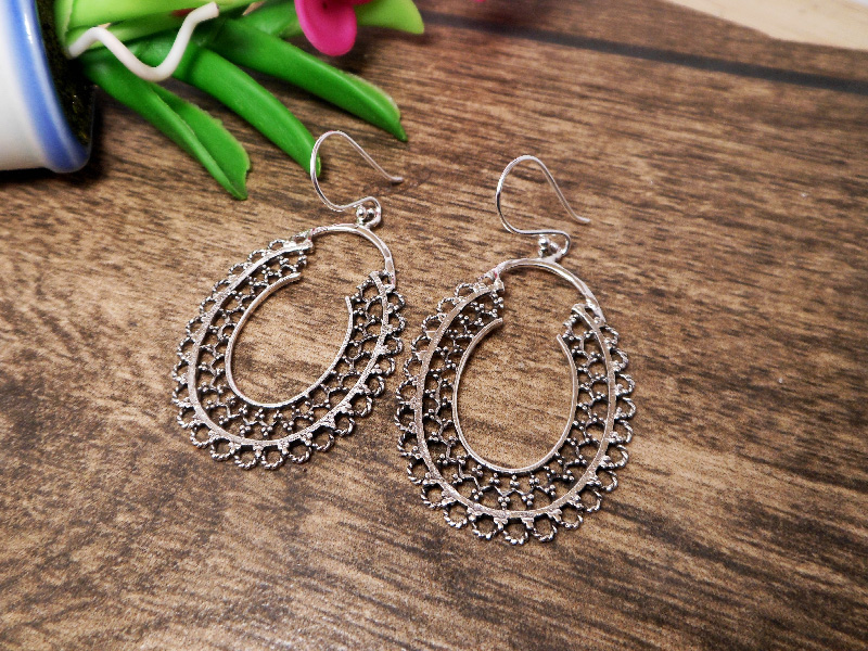 Handmade 925 Sterling Silver Mandala Hoop Drop Earrings – Traditional Oval Dangle Jewelry - Image 4