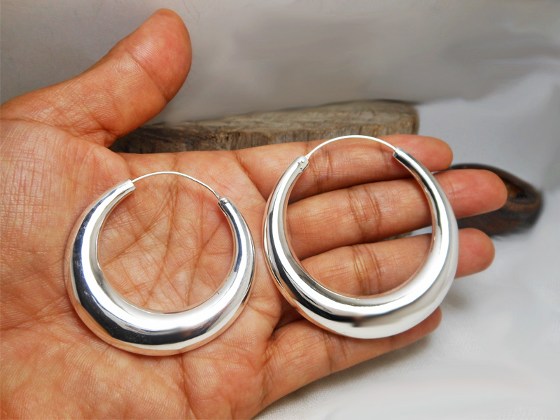 925 Sterling Silver Puffy Tribal Chubby Hoop Earrings - Handmade Round Hoops (Multi-Size)
