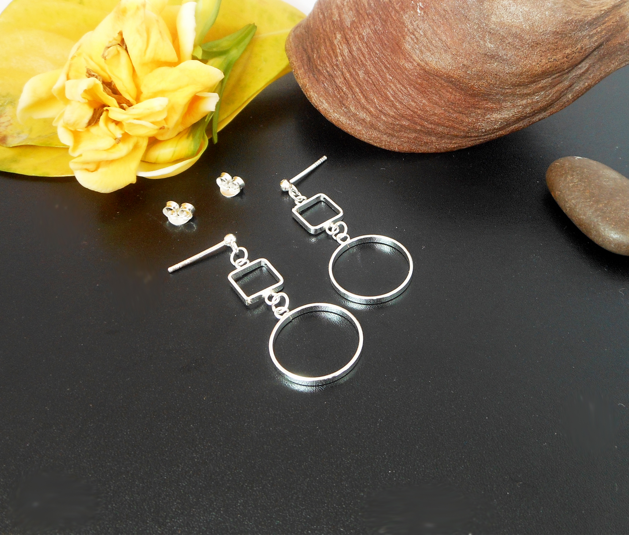 Handmade 925 Sterling Silver Open Square & Circle Drop Earrings – Minimalist Geometric Jewelry - Image 5