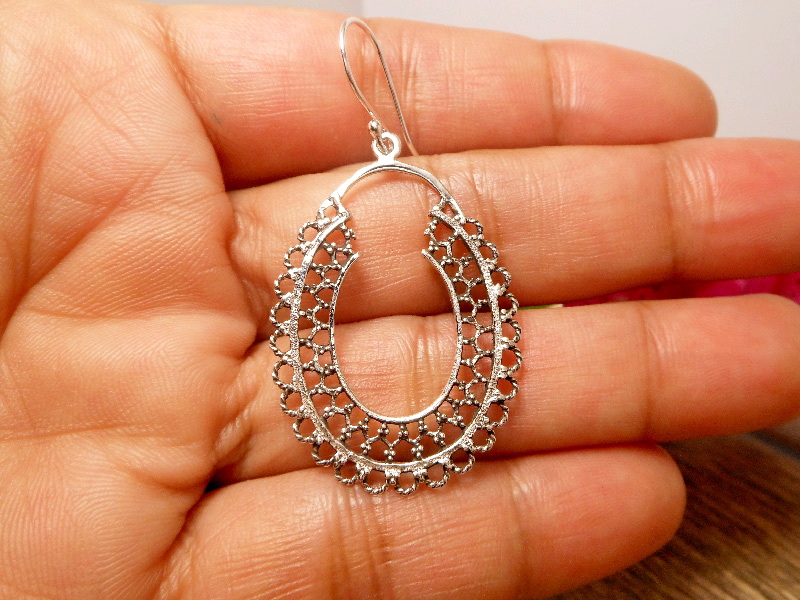 Handmade 925 Sterling Silver Mandala Hoop Drop Earrings – Traditional Oval Dangle Jewelry - Image 5