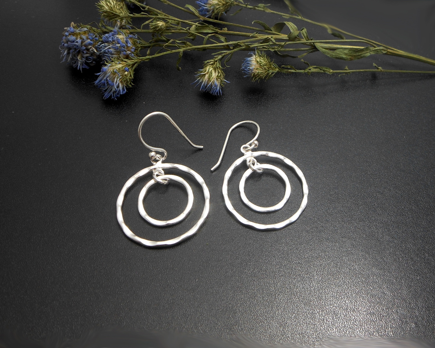 Handmade 925 Sterling Silver Hammered Double Circle Drop Earrings – Organic Textured Jewelry - Image 2