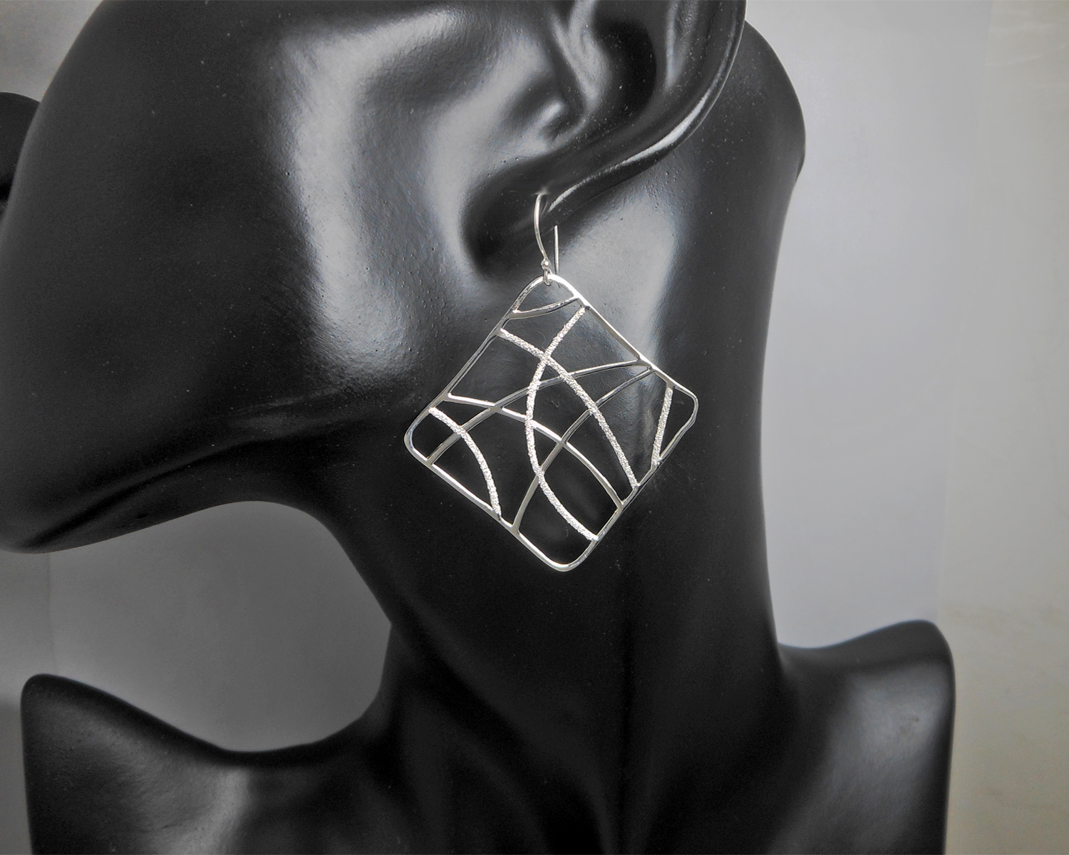 Handmade 925 Sterling Silver Perforated Web Square Dangle Earrings – Modern Geometric Statement Jewelry