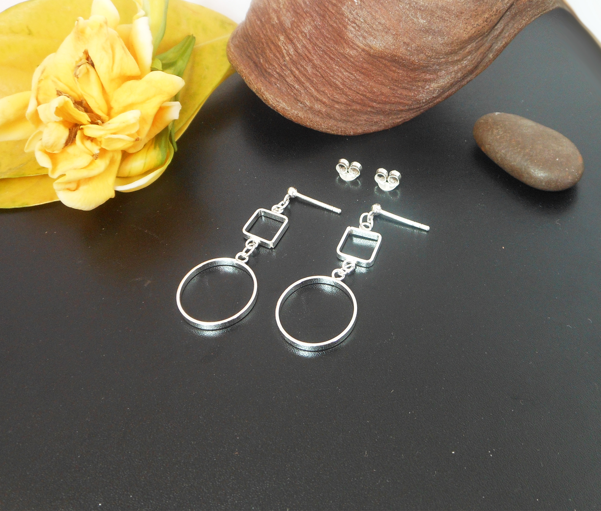 Handmade 925 Sterling Silver Open Square & Circle Drop Earrings – Minimalist Geometric Jewelry - Image 6