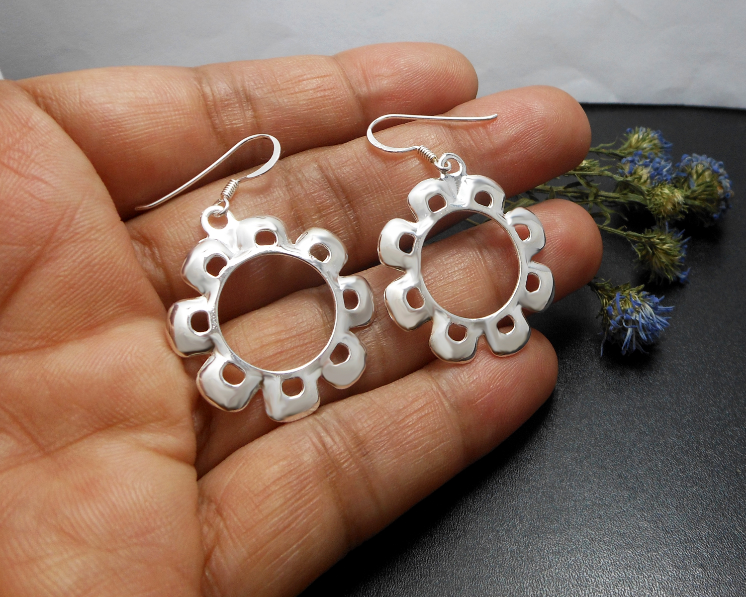Handmade 925 Sterling Silver Flower Dangle Earrings – Elegant Floral Drop Jewelry - Image 6