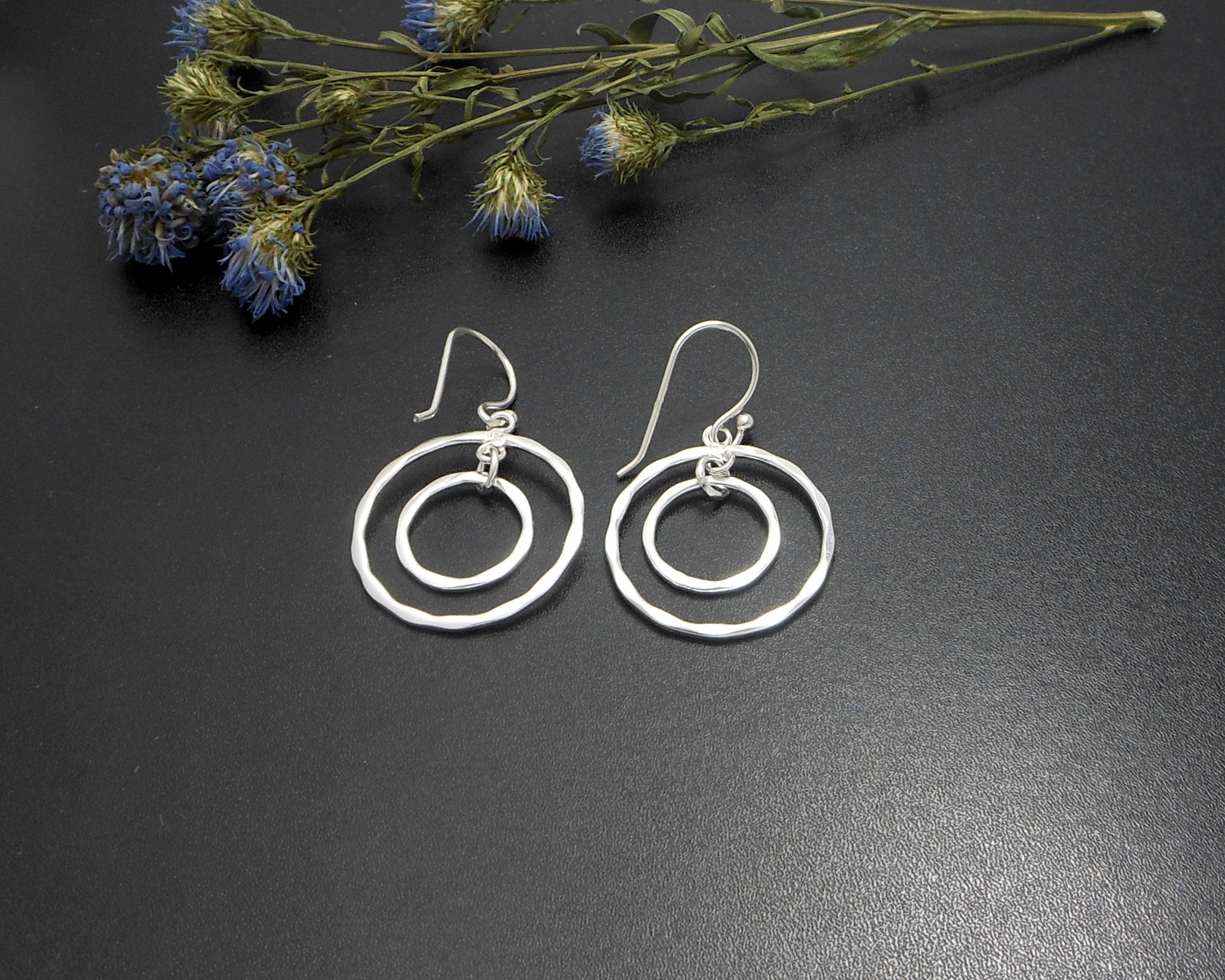 Handmade 925 Sterling Silver Hammered Double Circle Drop Earrings – Organic Textured Jewelry - Image 3
