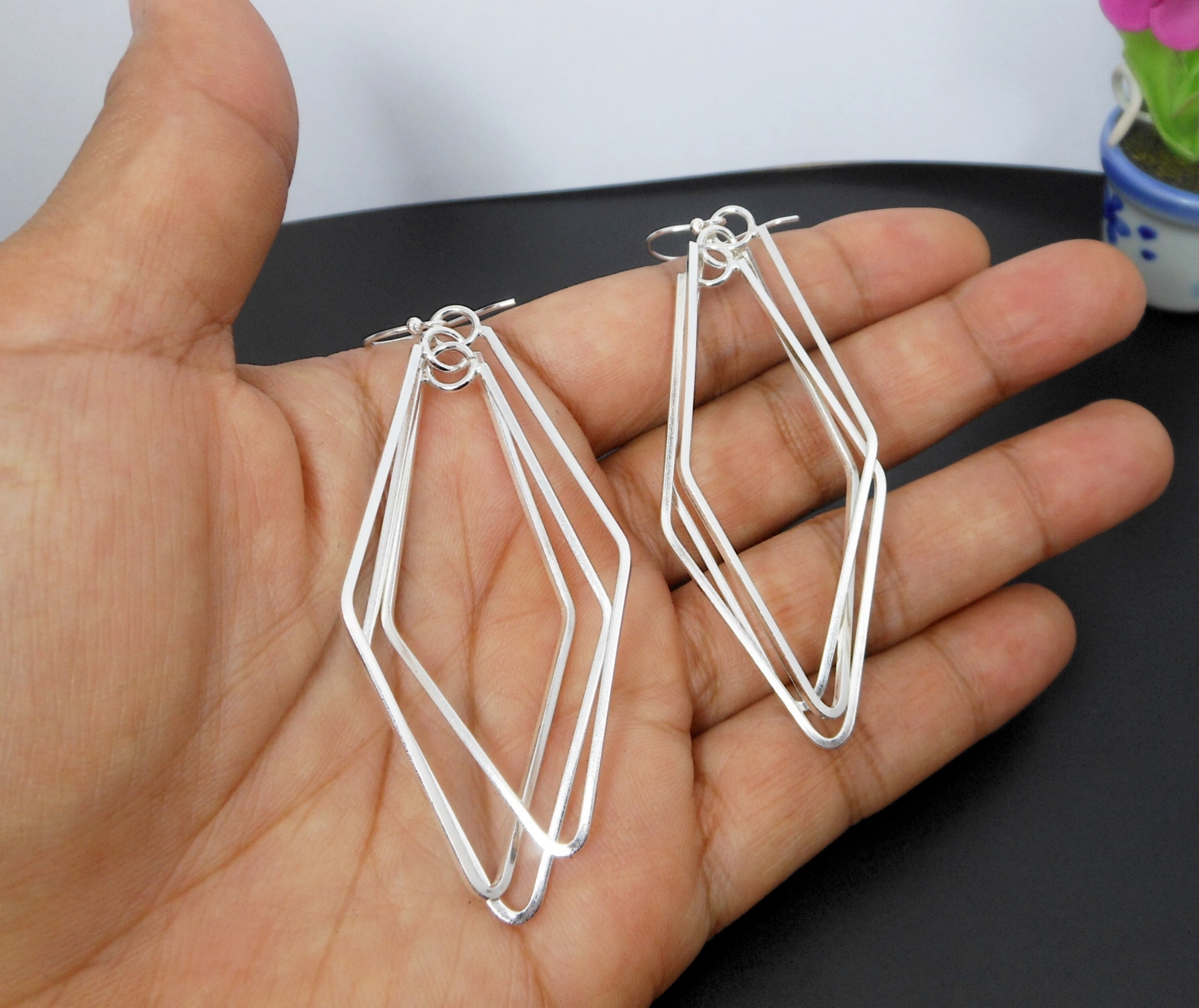 Handmade 925 Sterling Silver Multi-Layer Spinning Rhombus Dangle Earrings – Geometric Statement Jewelry - Image 6