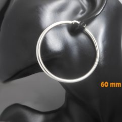 A pair of handcrafted 925 sterling silver large 60mm round hoop earrings featuring a smooth, high-polished wide tube design, displayed on a black mannequin.