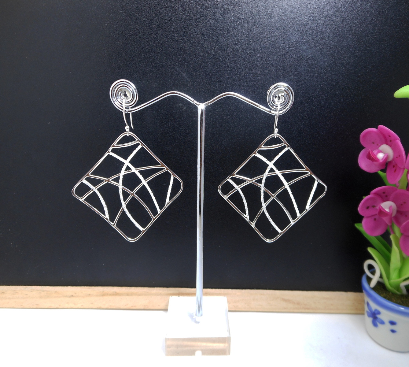 Handmade 925 Sterling Silver Perforated Web Square Dangle Earrings – Modern Geometric Statement Jewelry - Image 7
