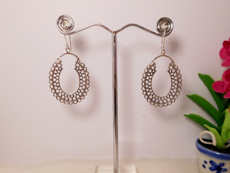 Handmade 925 Sterling Silver Mandala Hoop Drop Earrings – Traditional Oval Dangle Jewelry