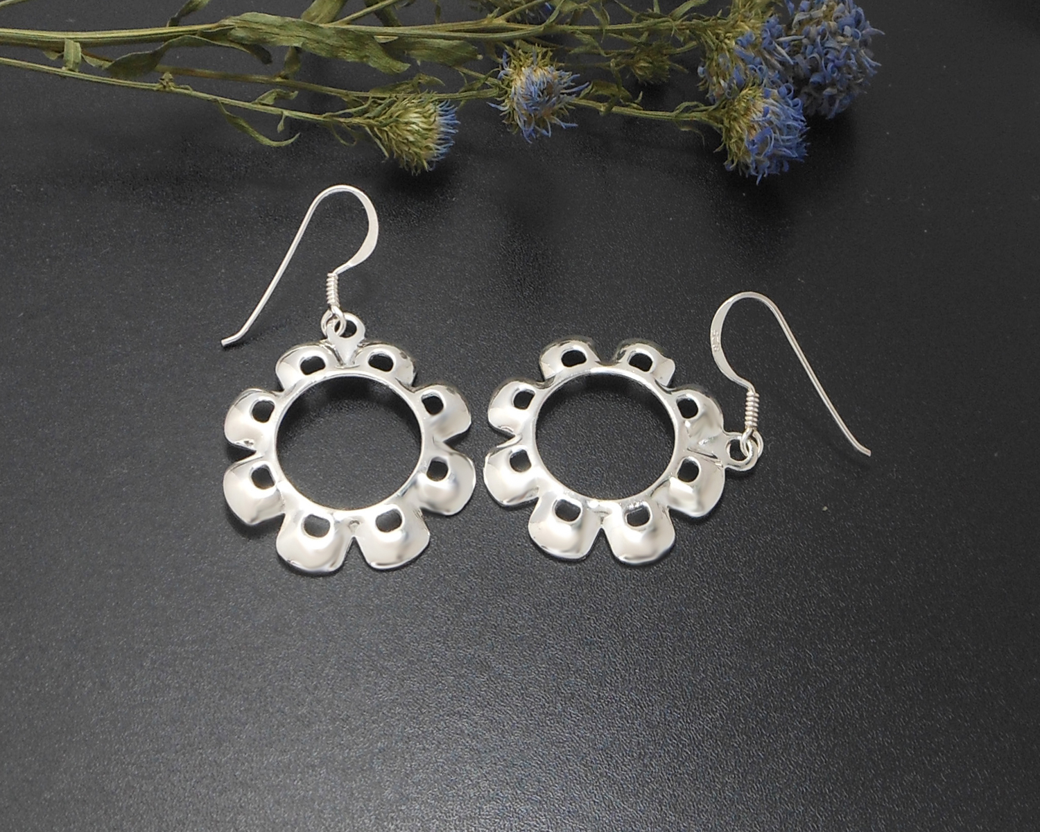 Handmade 925 Sterling Silver Flower Dangle Earrings – Elegant Floral Drop Jewelry - Image 8