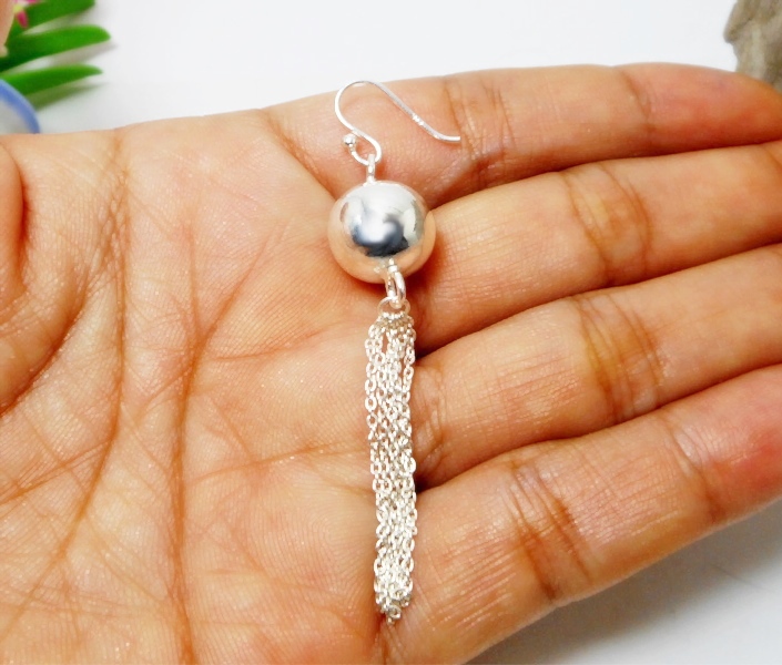 Handmade 925 Sterling Silver Polished Bead & Chain Tassel Drop Earrings – Statement Dangle Jewelry - Image 9