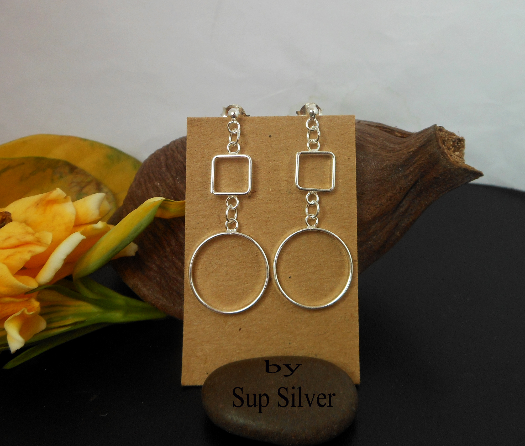 Handmade 925 Sterling Silver Open Square & Circle Drop Earrings – Minimalist Geometric Jewelry - Image 10