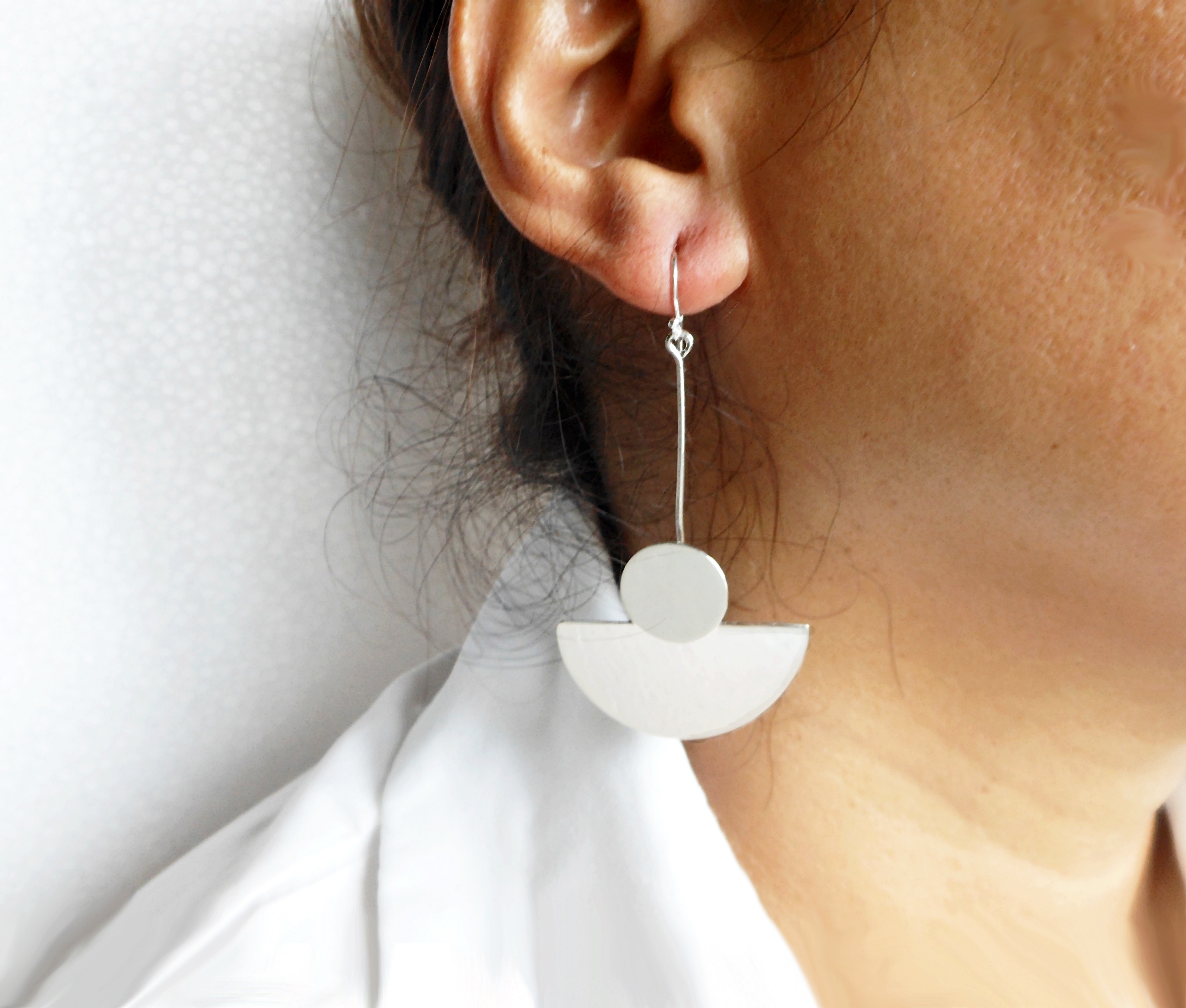 Handmade 925 Sterling Silver Circle & Semicircle Dangle Earrings – Modern Geometric Statement Jewelry - Image 9