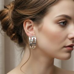 A woman wearing bold, chunky 925 sterling silver half-hoop stud earrings featuring an intricate Greek key pattern.