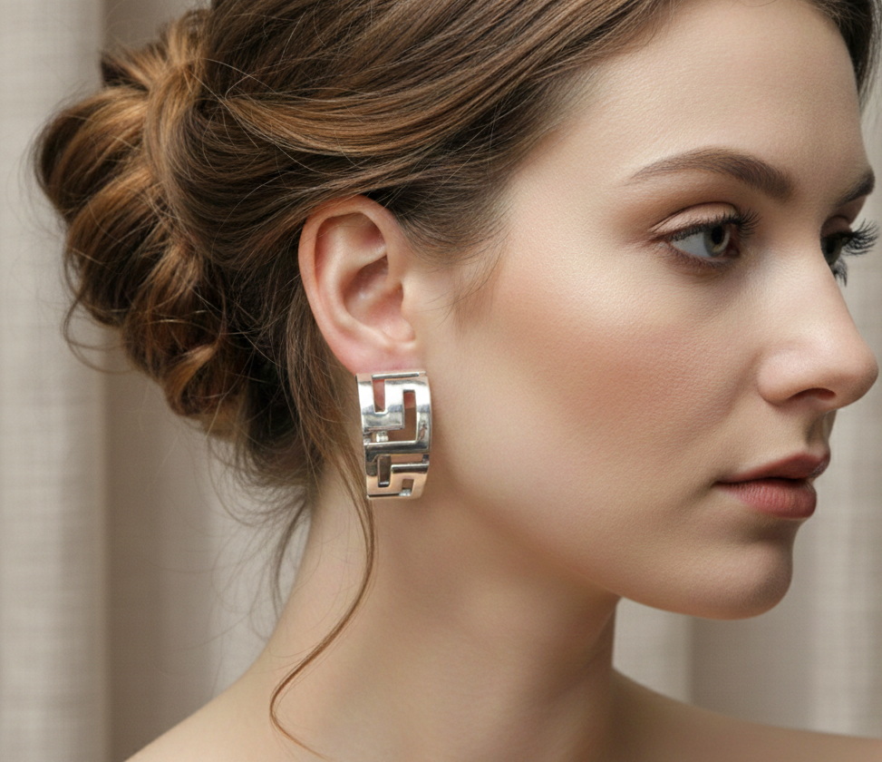 A woman wearing bold, chunky 925 sterling silver half-hoop stud earrings featuring an intricate Greek key pattern.