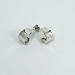 Pair of handmade 925 sterling silver concave hoop stud earrings with a sleek, curved design.