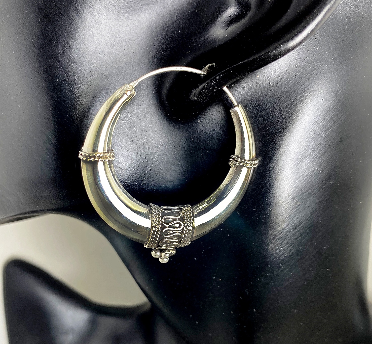 Handmade Art Deco Tribal Hoop Earrings – Large Puffy 925 Sterling Silver Jewelry - Image 2