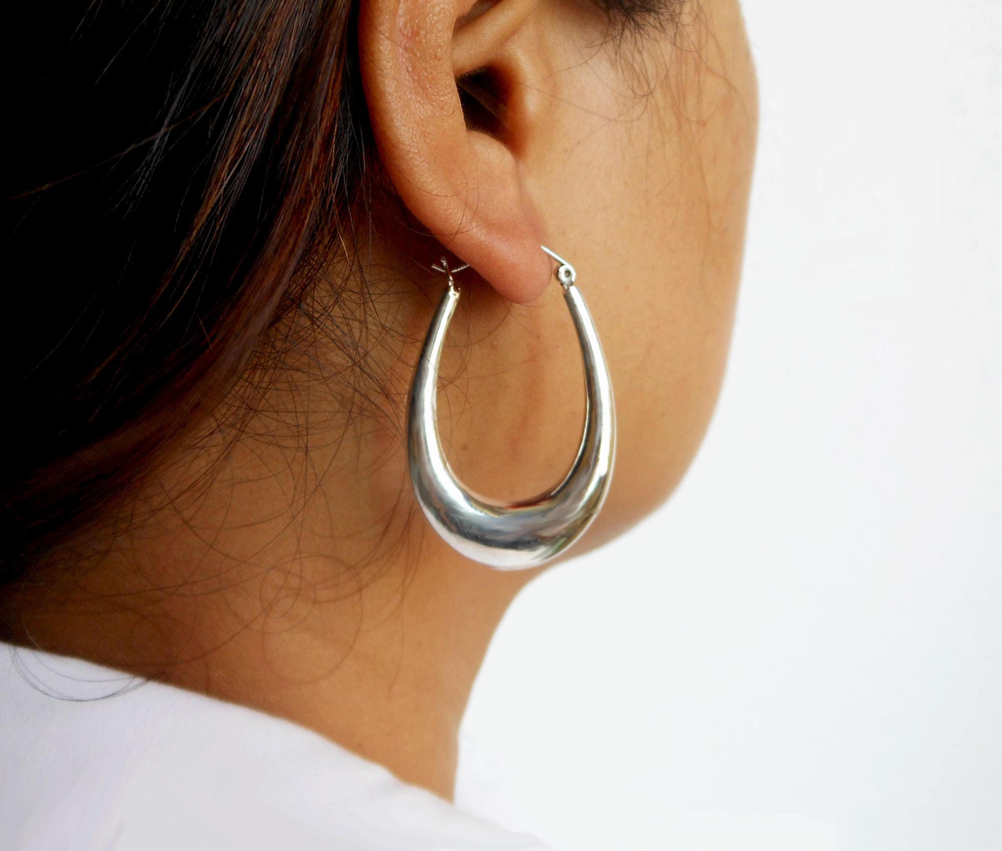 Handmade Long Oval Puffy Hoop Earrings – 925 Sterling Silver Tapered Statement Jewelry - Image 2