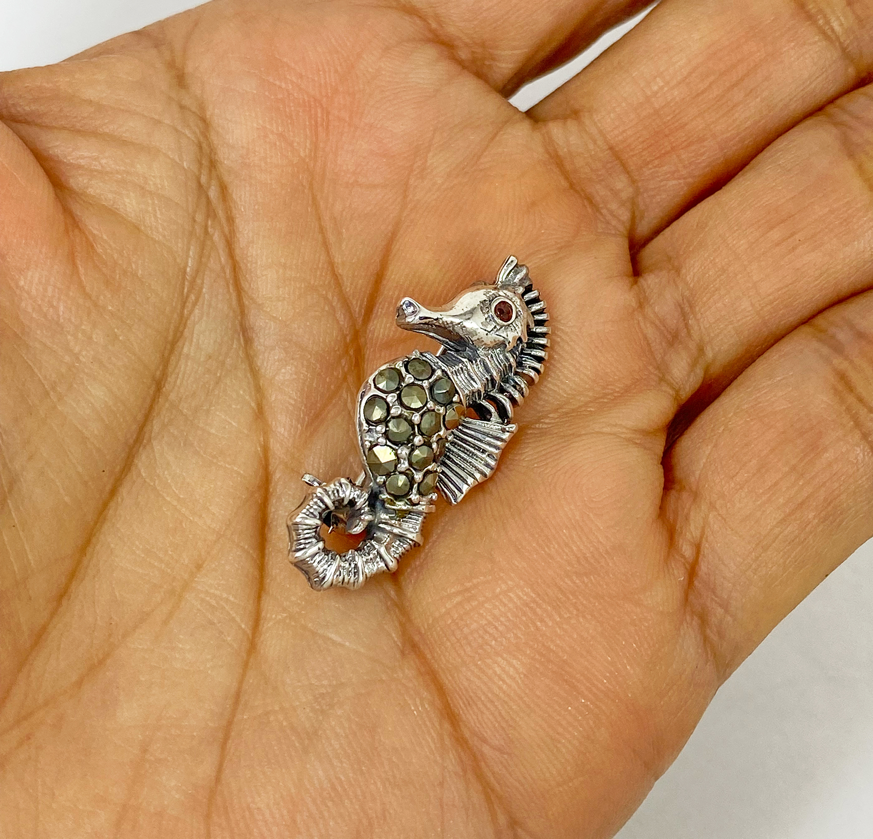 Sup Silver Marcasite Seahorse Brooch 925 Sterling Silver, Handmade Sea Animal Jewelry Gifts - Image 11