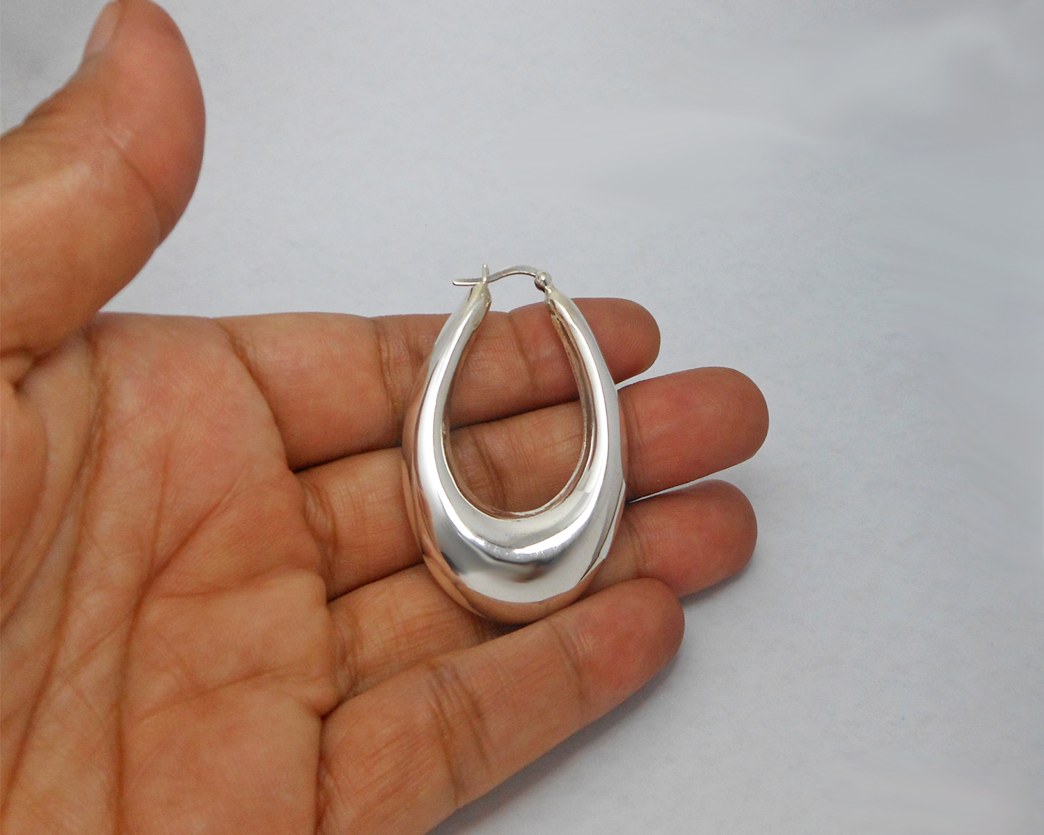 Handmade 925 Sterling Silver Puffy Oval Hoop Earrings – 47mm Sculptural Hoops - Image 3