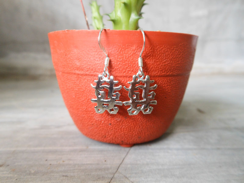 Handmade 925 Sterling Silver Chinese Character "Happiness" Drop Earrings - Image 10
