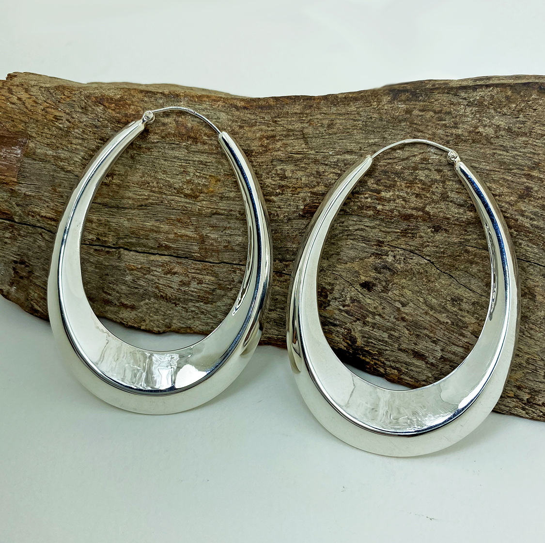 Handmade 925 Sterling Silver Tapered Oval Hoop Earrings – Chunky Sculptural Hoops - Image 6