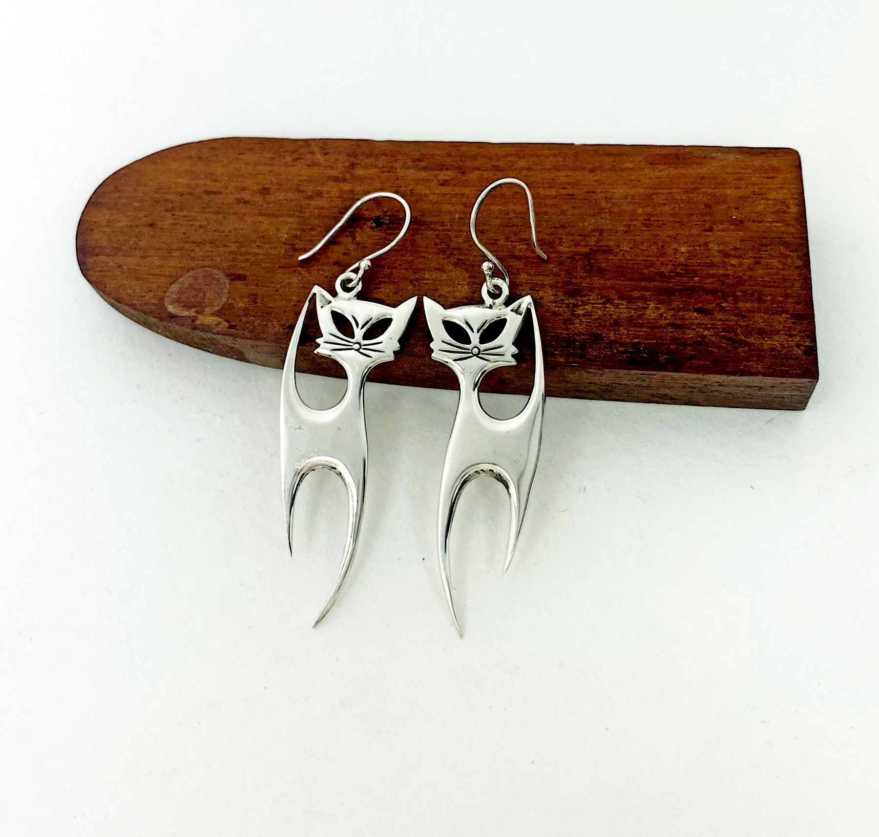Handmade 925 Sterling Silver Long Cat Dangle Earrings – Cute Cat Lover Statement Jewelry