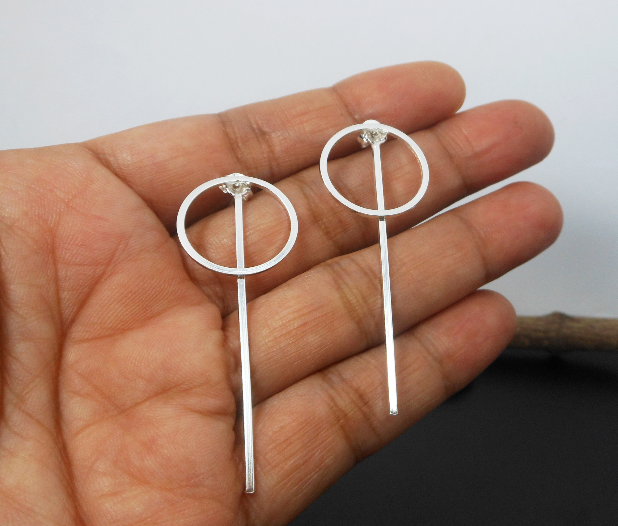 Minimalist 925 Sterling Silver Convertible Circle & Bar Dangle Earrings – Handmade Geometric Jewelry