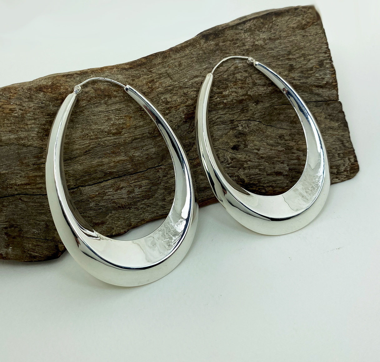 Handmade 925 Sterling Silver Tapered Oval Hoop Earrings – Chunky Sculptural Hoops - Image 7