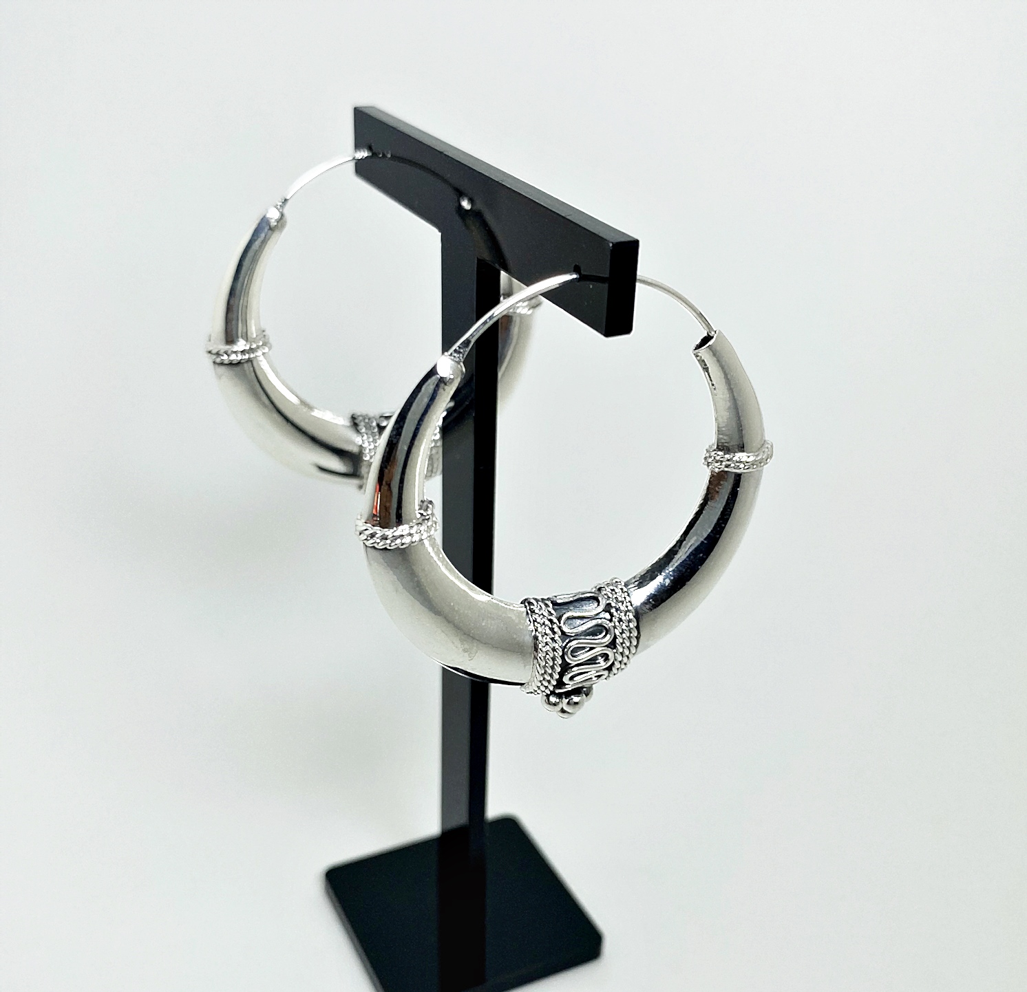 Handmade Art Deco Tribal Hoop Earrings – Large Puffy 925 Sterling Silver Jewelry - Image 3