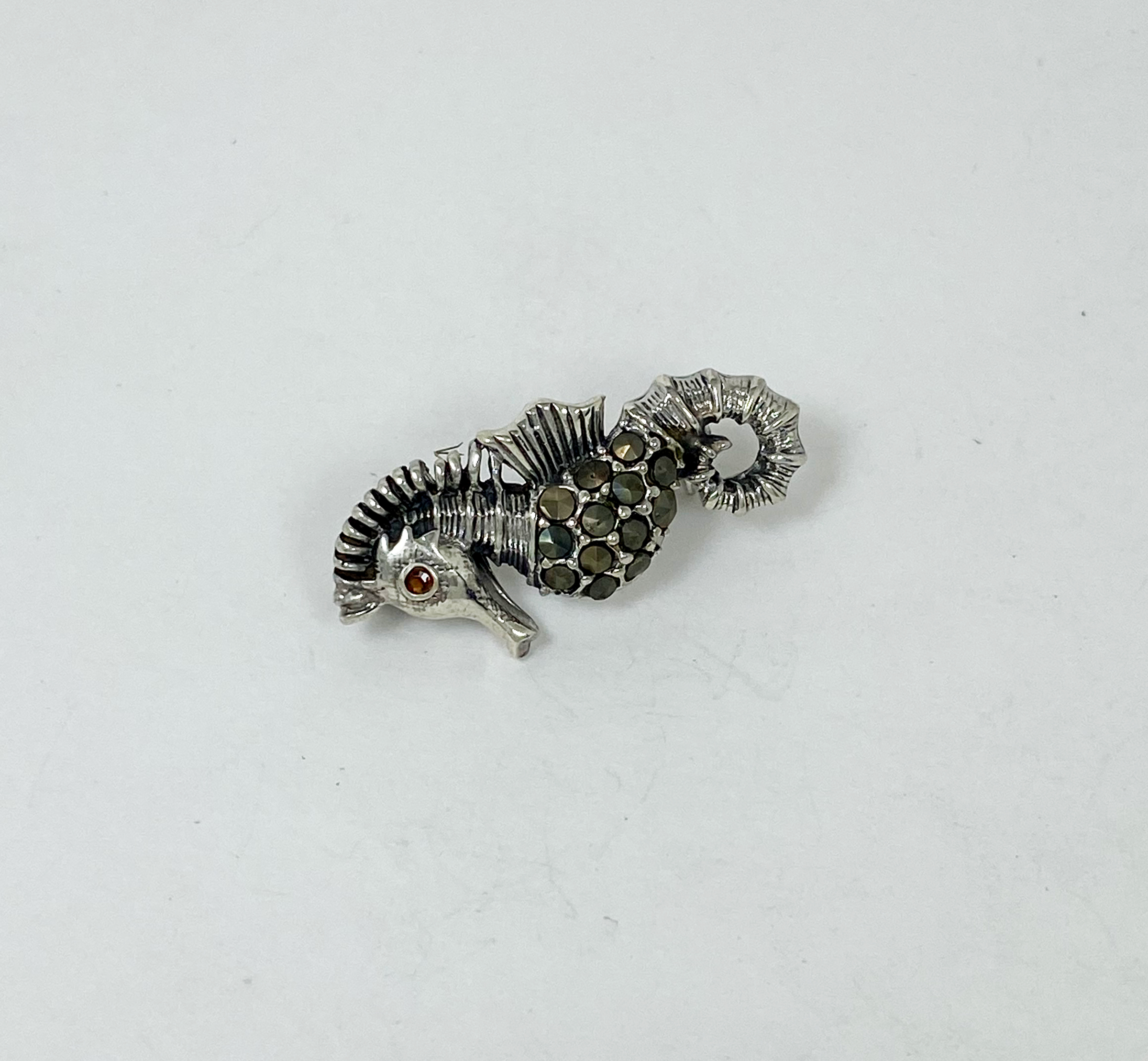 Sup Silver Marcasite Seahorse Brooch 925 Sterling Silver, Handmade Sea Animal Jewelry Gifts - Image 3