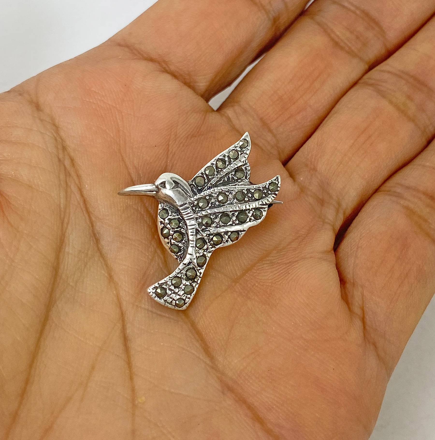 Sup Silver Marcasite Hummingbird Brooch 925 Sterling Silver, Handmade Bird Pendant Jewelry Gifts