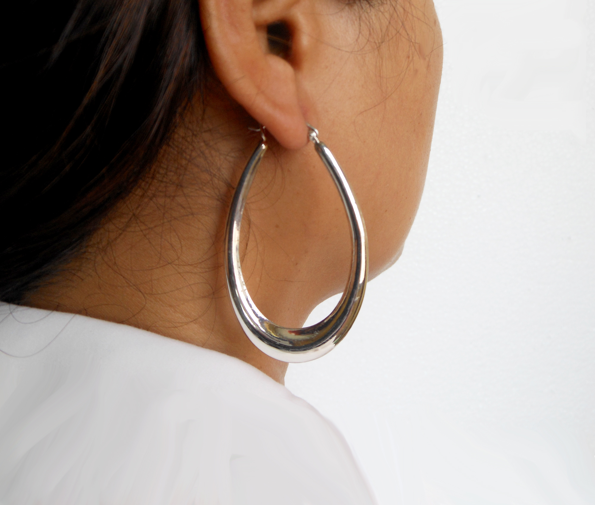 Handmade Long Oval Puffy Hoop Earrings – 925 Sterling Silver Tapered Statement Jewelry - Image 3