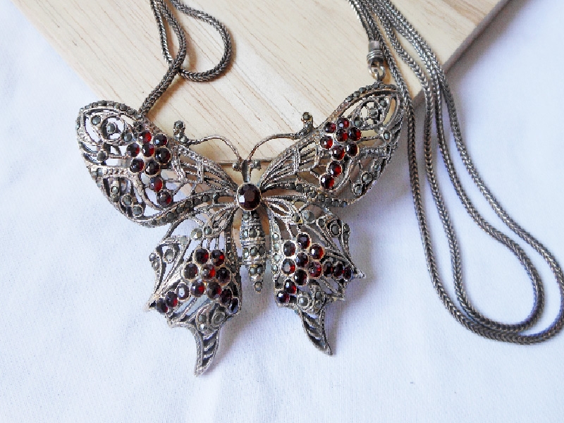 Handmade 925 Sterling Silver Butterfly Necklace & Brooch Set - Marcasite & Garnet Jewelry - Image 3