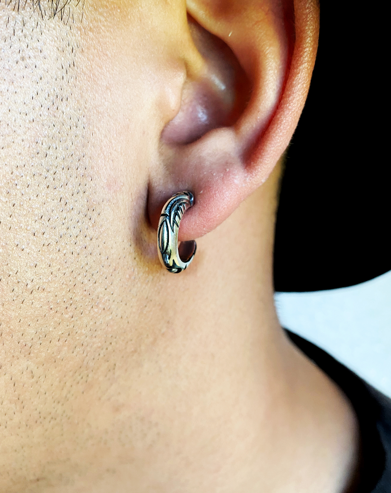 Wave Texture Hoop Earrings – 925 Sterling Silver Handmade Men’s Studs - Image 3