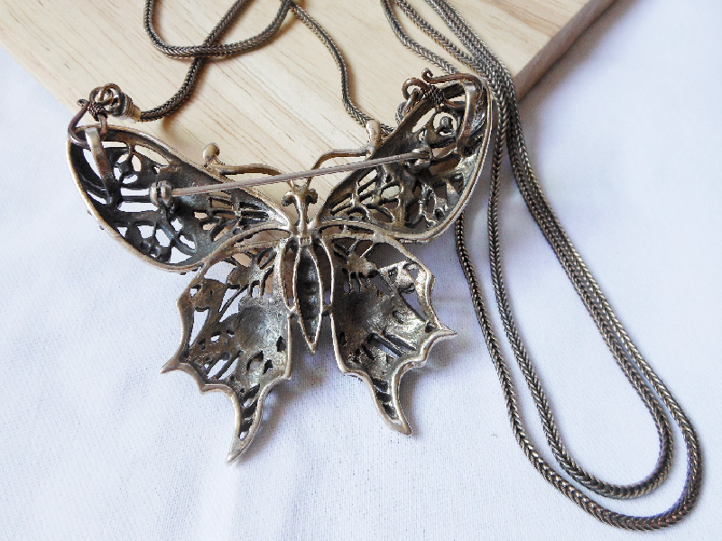 Handmade 925 Sterling Silver Butterfly Necklace & Brooch Set - Marcasite & Garnet Jewelry - Image 4